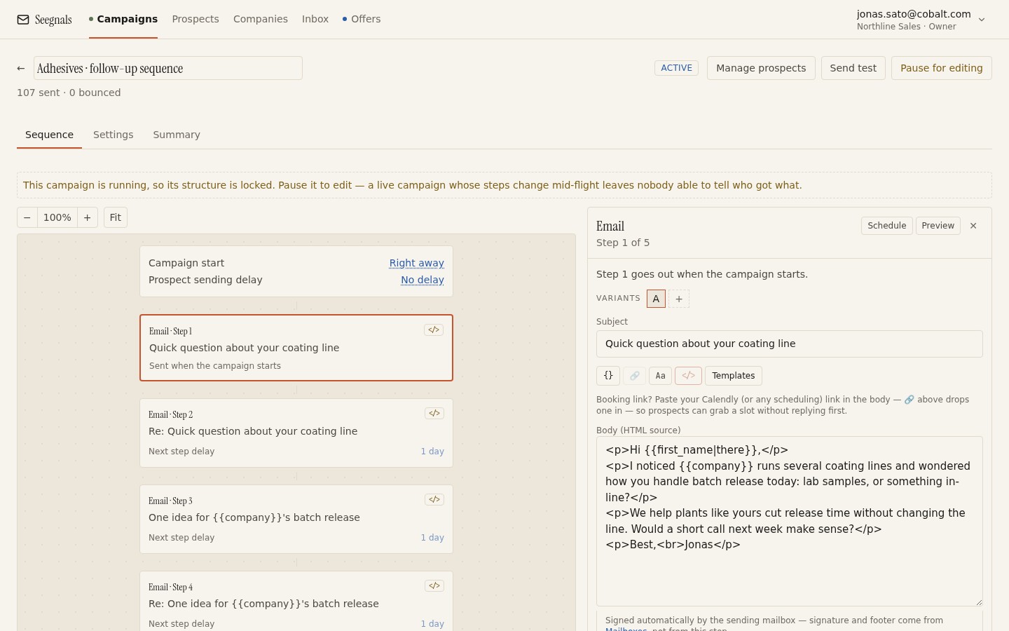 Sequence editor with five steps, delays and a subject with snippets