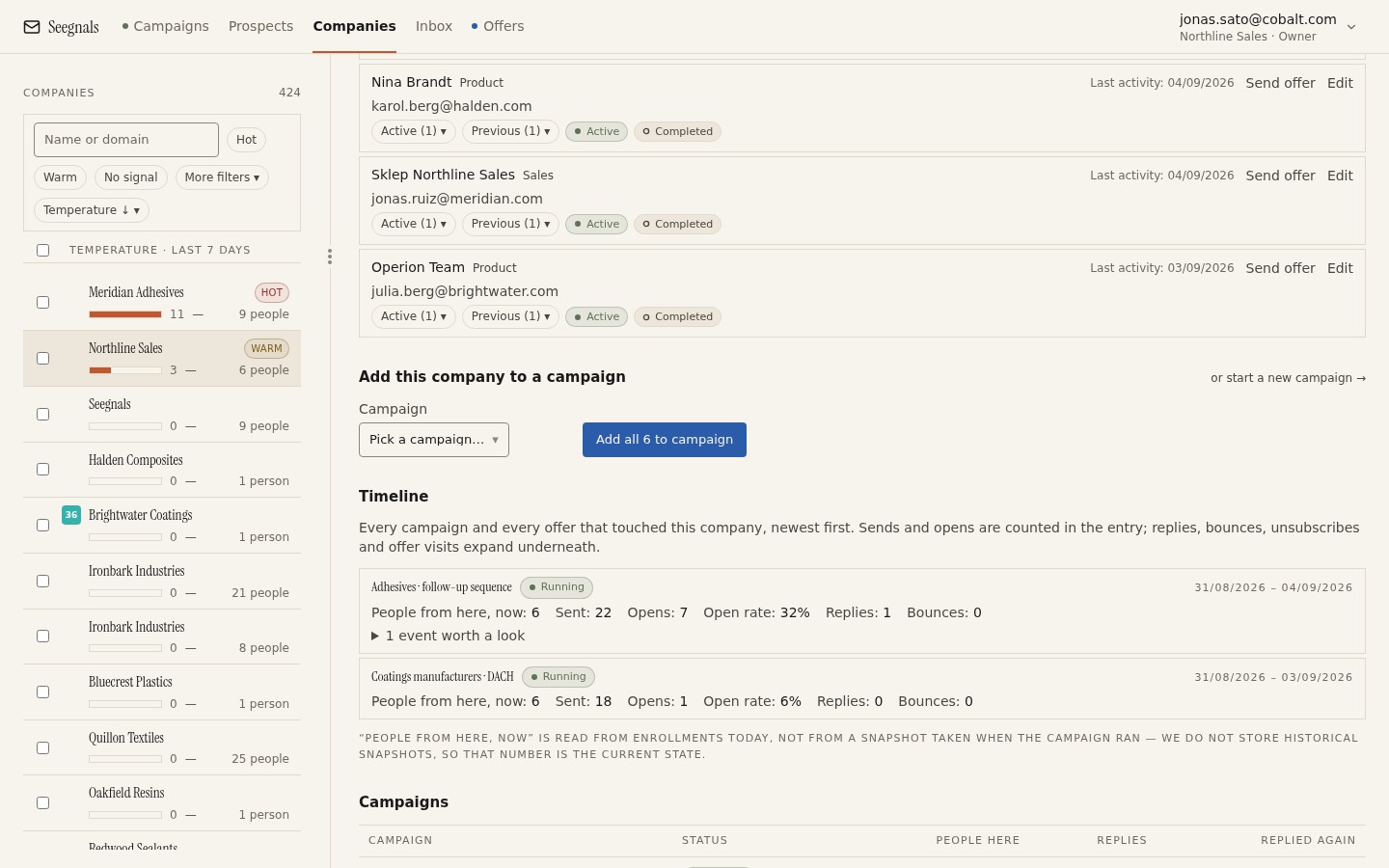 A company card with people, campaigns and the timeline of events