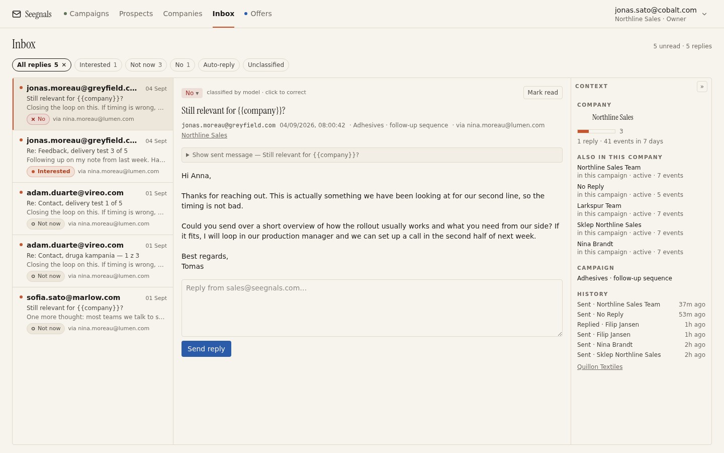 Inbox with classified replies and the company context beside the open thread