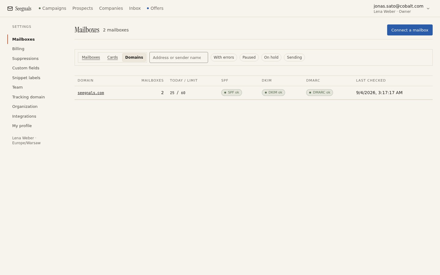 Deliverability view with SPF, DKIM and DMARC status per domain