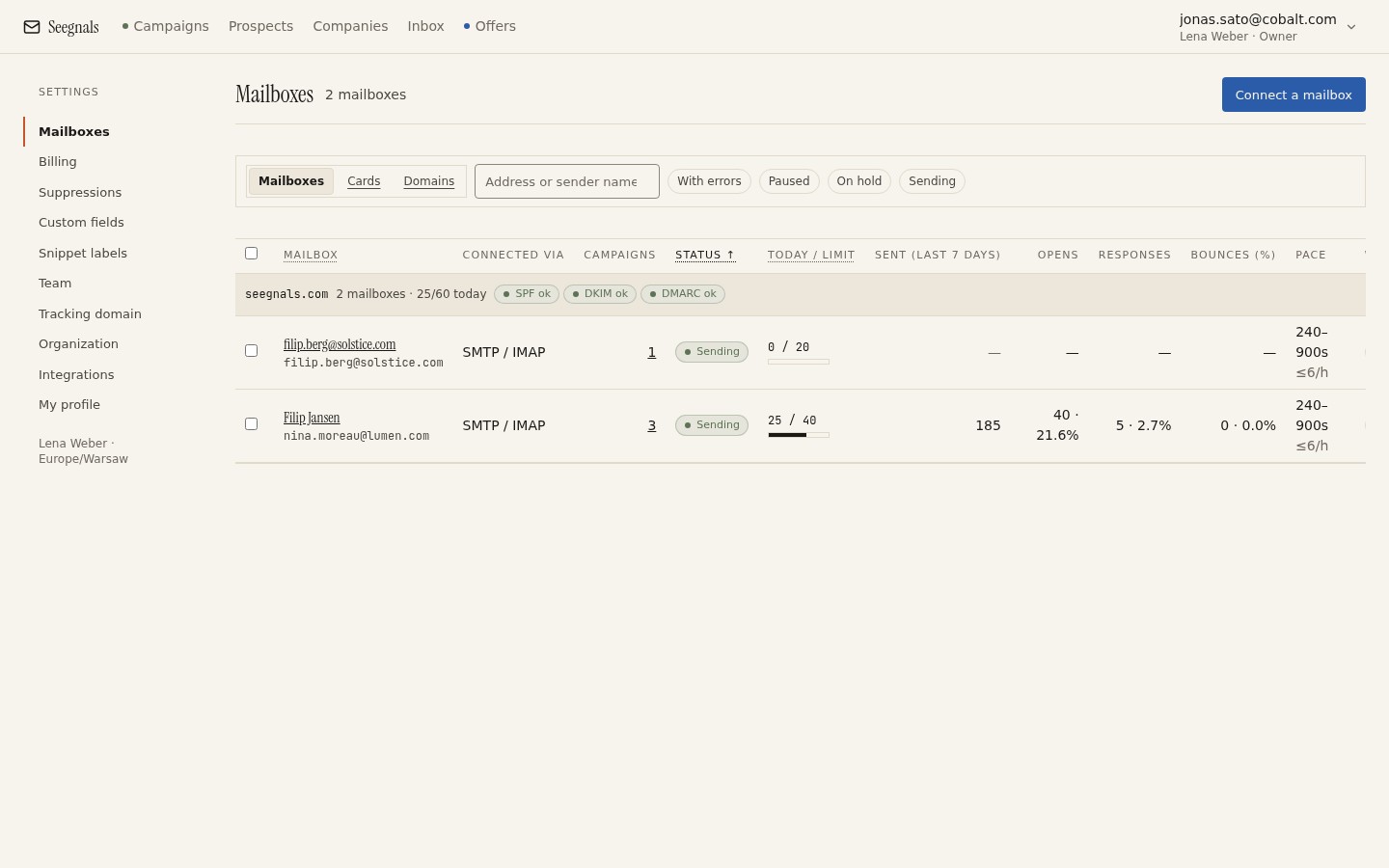 Mailboxes settings with daily limit, sent today and domain health per domain
