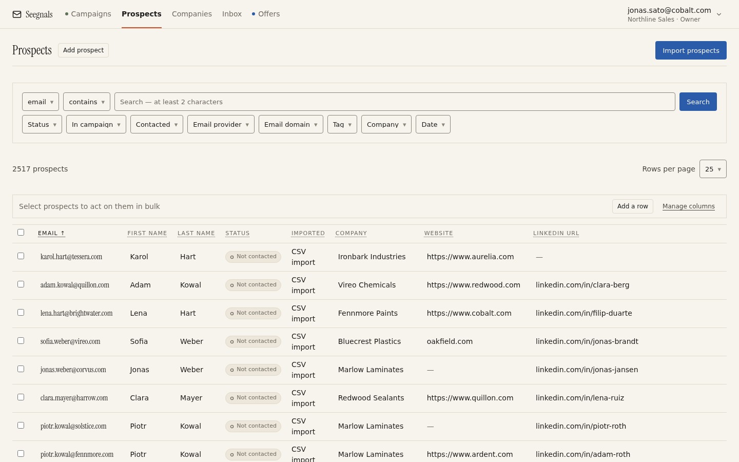 Prospects table with per-column filters showing standard and custom fields