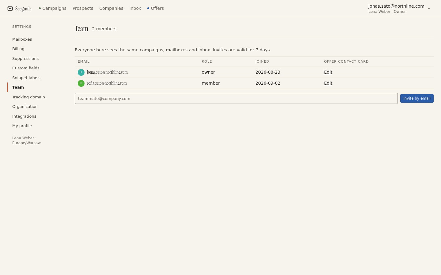 Team settings showing members and their roles