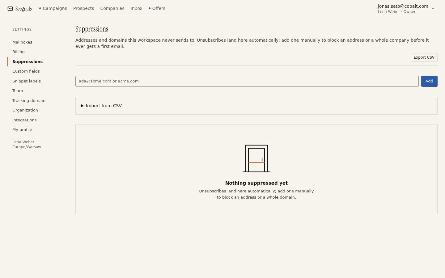 Suppression list showing entries by address and by domain